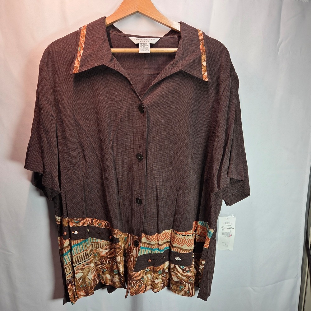 Napa Valley Blouse NWT Short Sleeve Brown‎ Beads Southwestern Inspired